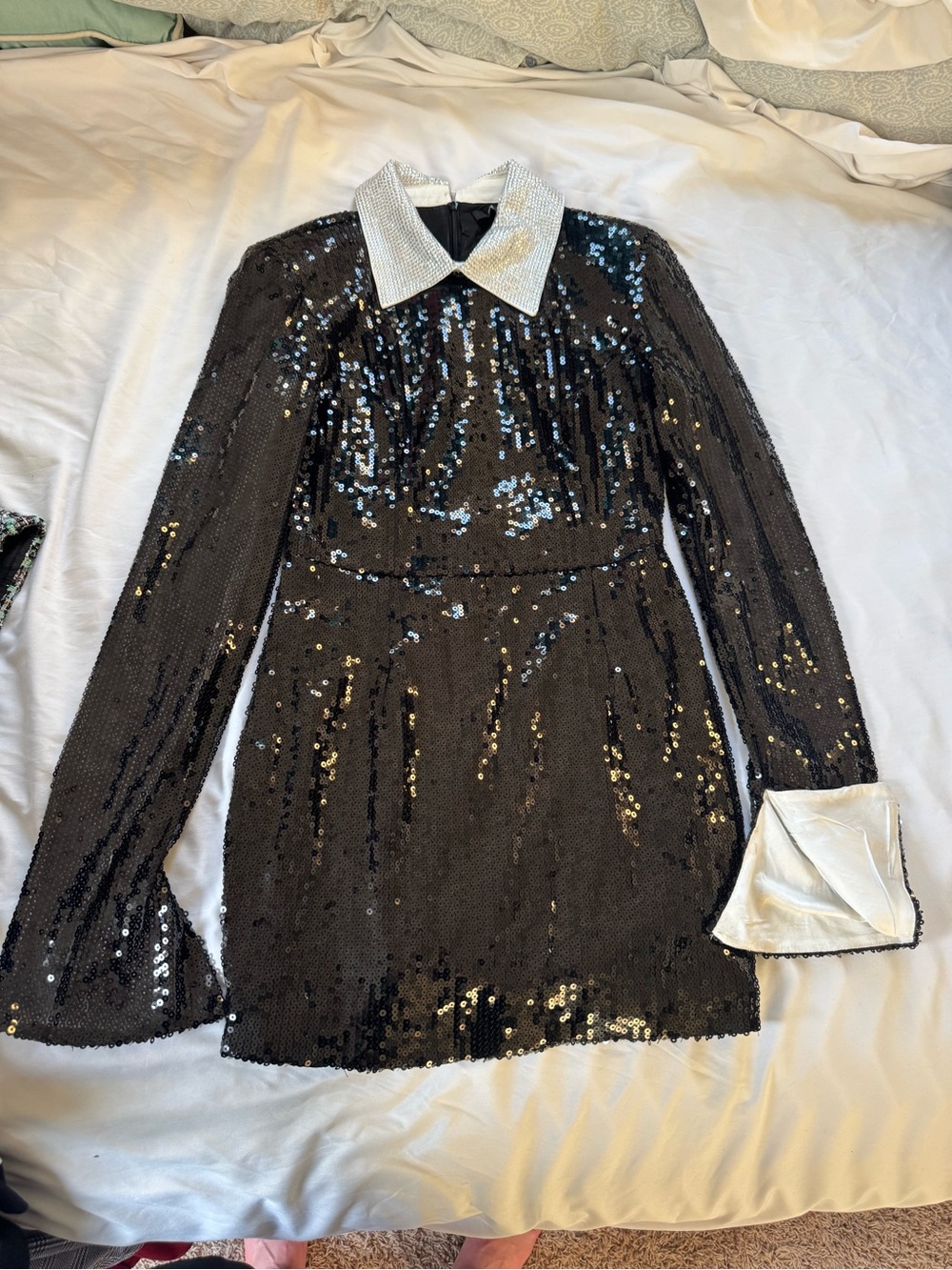 AKIRA Black Sequin Long-Sleeve Mini Dress with White Contrast Collar